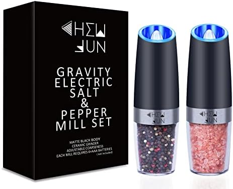 Electric Gravity Salt and Pepper Grinder Set with Adjustable Coarseness Automatic Pepper and Salt Mill Battery Powered with Blue LED Light,One Hand Operated,Brushed Stainless Steel by CHEW FUN
