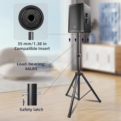 Image of Speaker Tripod Stand Heavy Duty Steel Speaker Stand Adjustable Height 35 to 70 Inch Universal 35MM Compatible Insert Black SP-502-1
