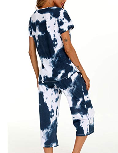 Enjoynight Women's Tie Dye Printed Pajama Sets Sleepwear Top With Capri Pants Lounge Sets With Pocket(X-Large, Navy) #TOP4