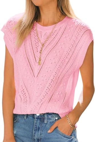 Image of Langwyqu Womens Cap Sleeve Tops Summer Crew Neck Shirt Lightweight Crochet Knit Sweater