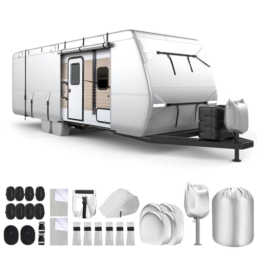 MOFEEZ 420D Oxford Fabric RV Cover, 22-24ft Travel Trailer Cover, Waterproof & Windproof, UV Protection Camper Cover with Extra Straps, Tire Covers & Jack Cover
