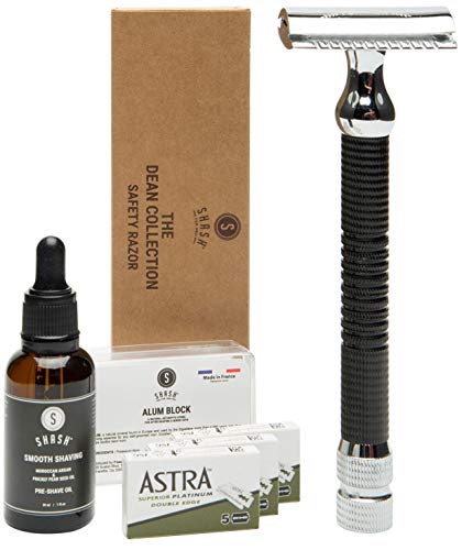 SHASH Dean Collection Double Edge Closed Comb Safety Razor, Black - Helps Reduce Nicks and Cuts, Includes Astra Blades, Alum Block and Pre Shave Oil - Stylish, Premium Quality Brass and Chrome