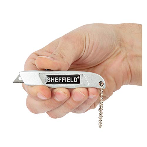 Sheffield 12245 Mini Retractable Utility Knife, General Purpose Box Cutter, Retractable Box Cutter for Cardboard, Drywall, Carpet, with Comfort Grip, 3-Position Blade Lock, Extra Blade Storage