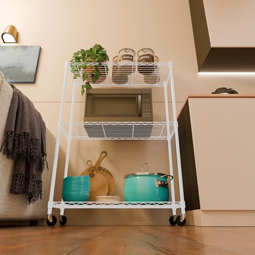 Image of 3-Shelves Wheels Heavy Duty Steel Storage Rack | Multipurpose Shelving Unit for Kitchen, Home & Utility | White, 3 Shelves Wheels