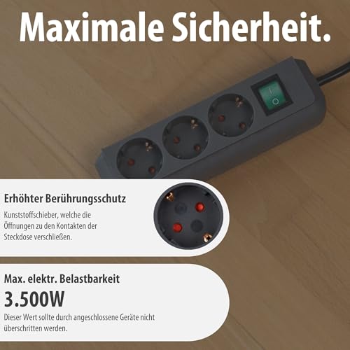 Brennenstuhl Eco-Line, Steckdosenleiste 3-Fach (Mehrfachsteckdose mit erhöhtem Berührungsschutz, Schalter und 1,5 m Kabel) Silbergrau