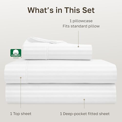Image of California Design Den Soft 100% Cotton Twin Sheet Set, 400 Thread Count Good Housekeeping Award Winner, Silky Smooth Sateen Weave, Breathable and Durable Cotton Bedding Set - Striped White