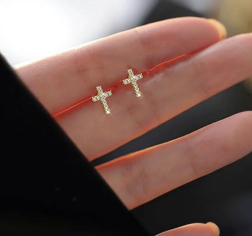 14K Gold Plated Small Cross Stud, Hypoallergenic Pave CZ Tiny Earrings for women3