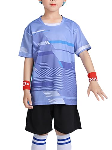 Hansber Kids Boys Girls Athletic Soccer Outfit Short Sleeve Contrast Color T-shirt with Loose Shorts Set Purple 9-10 Years