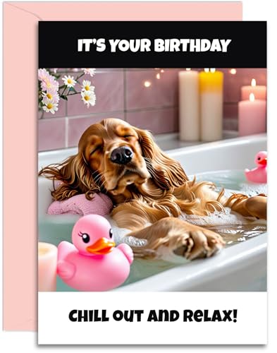 Cocker Spaniel Birthday Card - Chill out and Relax - A5 Size with Pink Envelope. Funny Card for her, mum, nan, auntie, sister, daughter. Designed and Printed in the UK
