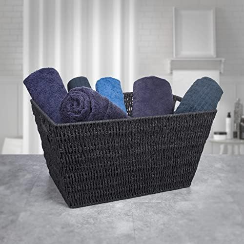 Woodluv 2 x Large Rectangular Paper Rope Storage Hamper Basket With Carry Handles - Black