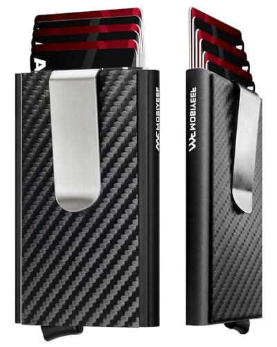 MOSIYEEF Slim Leather Card Holder RFID Wallet for Men - Minimalist Pop Up Men Wallet with Money Clip-wrapped Compact Carbon Fiber Wallet for 6 Credit Cards - Gifts for Him