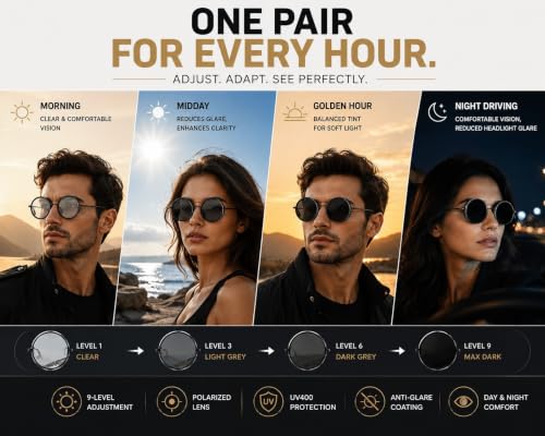 Image of Glaceon 1-9 Gears Adjustable Tint Sunglasses, Rounded Polarized Glasses with ND Filter Lenses, Polarized Sunglasses for Men, Lightweight Sun Glasses with UV Protection for Driving Fishing