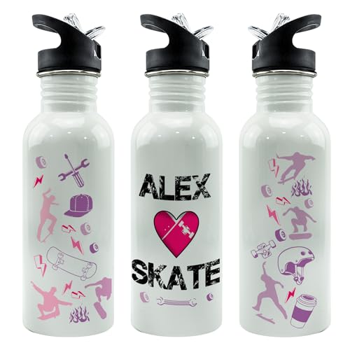 Termo agua. Botella personalizada. Botella agua. Cantimplora metálica. Water bottle. Regalos originales para hombre y mujer. Regalo skater. Straw Stop 600ml. Skate