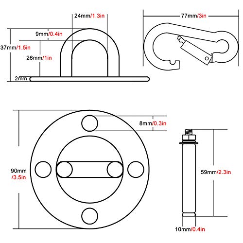 VDSOW Ganchos de Techo, Anclaje para Pared con Mosquetón y Tornillos y para Entrenamiento de Suspensión, 500 KG Acero Inoxidable Gancho Techo para Colgar Hamaca Columpio, Sillon Colgante y Saco Boxeo - imagen 2