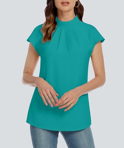 Image of Funlingo Womens Summer Tops Mock Neck Short Cap Sleeve Blouses Business Casual Work Chiffon Shirts Front Pleated Tunic Top