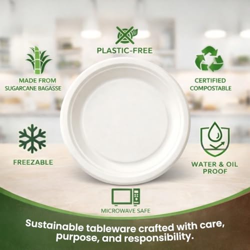 Image of Eco Aaroyaa Round Bagasse 9-Inch Disposable Plates - Eco-Friendly Disposable Plate for Food - Biodegradable Use and Throw Plates - Strong and Sturdy, Oil & Water Resistant (Pack of 25)
