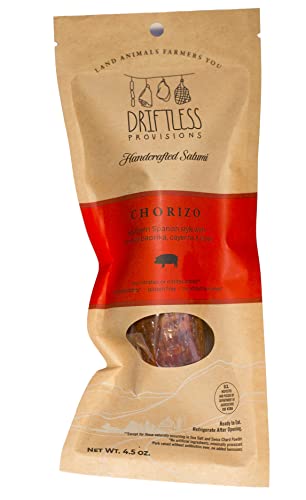 Driftless Provisions Artisanal Chorizo Uncured Dry Salami - Naturally Fermented - Nitrate and Nitrite Free* - Antibiotic and Hormone Free - Minimally Processed - Gluten-Free - 4.5 oz