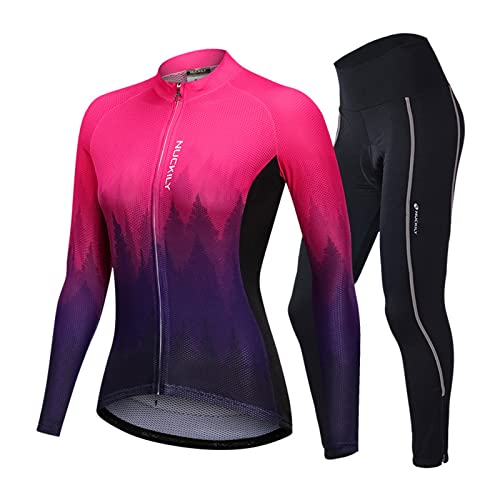 PRELGOSP Maillot Ciclismo para Mujer Manga Larga, Ropa Ciclismo Respirable Secado Rápido, Bicicleta Ropa con Almohadilla de 3D Gel Padding para Deportes al Aire Libre Ciclo Bicicleta,A,XL