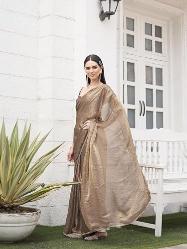 Image of Womanista Women's Ready to wear Two tone camel brown and gold colored saree with embellished lace(TI7074 Camel Brown Onesize)