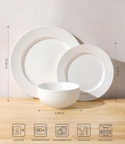 Image of TheTerra Stoneware Dinnerware Sets for 4, 12 Pieces Ceramic Plates and Bowls Sets, Scratch Resistant Embossed Dish Set, Oven, Microwave & Dishwasher Safe, Bright White
