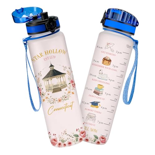 GEPOSTORE Star Hydration Water Bottle 32oz with Time Marker Cute Town Design Birthday Gift for Women Girls Reusable Daily Motivation Drinking Bottle with Handle and Lid Hard Plastic