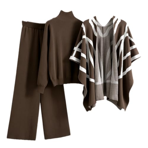 Conjunto de punto casual de mujer con suéter, bufanda a rayas y pantalón holgado