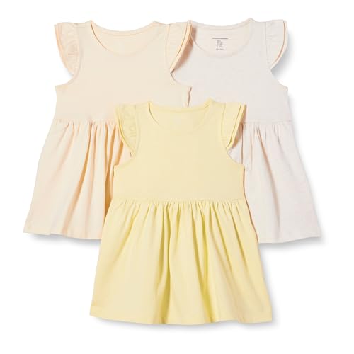 Amazon Essentials Vestido de Jersey con Volantes para niña, Paquete de 3, Beige, Avena Jaspeado, Amarillo Pastel, Talla S