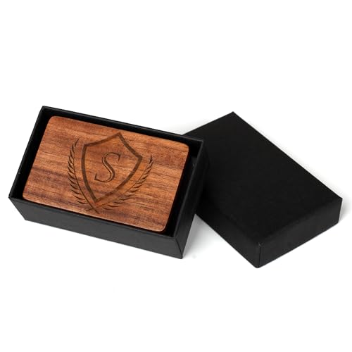Image of Mens Initial Cufflinks and Tie Clip A-Z Alphabet Letter Black Stainless Cuff Links Tie Bar with Engraved Walnut Wood Box Groom Groomsman Wedding Set