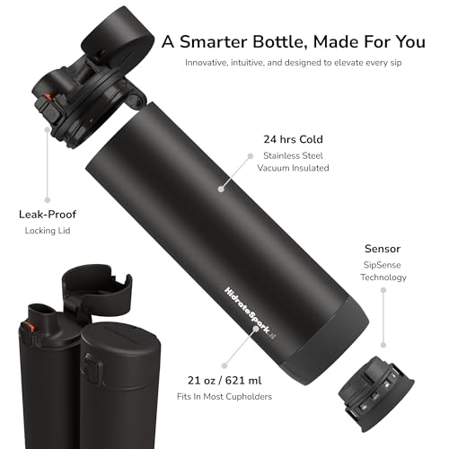 Image of Hidrate Spark PRO Smart Water Bottle - Tracks Water Intake & Glows to Remind You to Stay Hydrated, Chug & Straw lid, 21oz, Black