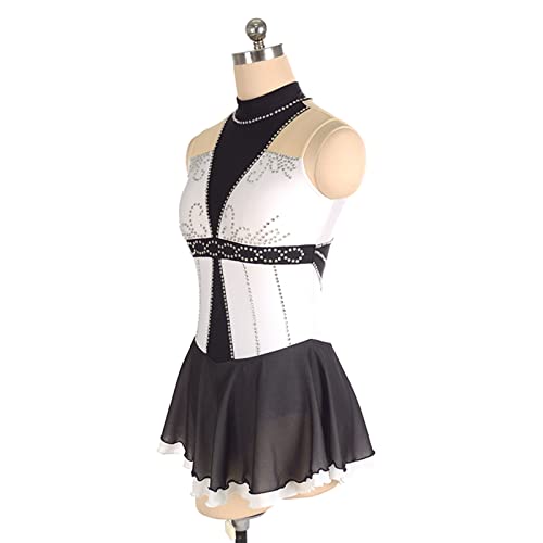 Vestido de patinação artística, strass brilhante costura preto e branco meninas mulheres competição