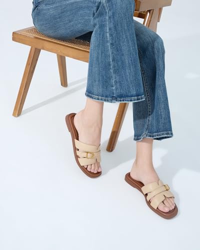 Image of UBFEN Womens Square Toe Flat Sandals Slides Dressy Comfortable for Beach