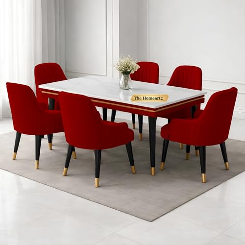 Image of Elara Modern Dining Table Set 6-Seater Wooden Dining Table Set | 1 Year Warranty | Nano Composite Marble Marble Top Table with 6 Chairs (Maroon)