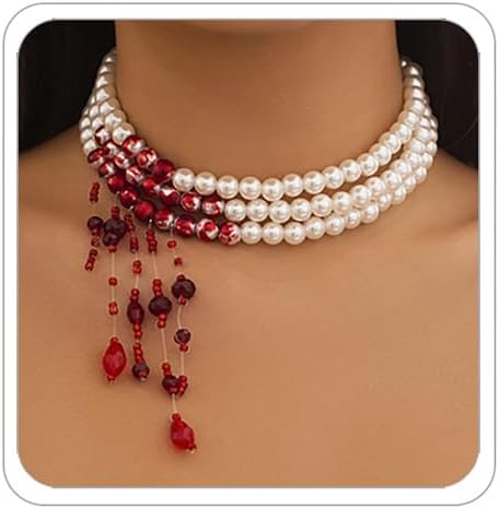 Halloween Dripping Blood Faux Pearl Necklaces for Women Red Blood Drops Vampire Witch Choker Necklace Gothic Pearl Layered Necklace Halloween Prom Vampire Costume Accessories