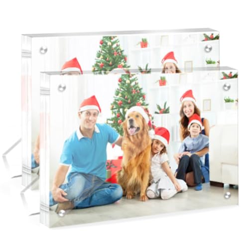 ZRBAOFU 2 Pack Acrylic Picture Frames 5x7 Clear Magnetic Photo Frames Freestanding Lucite Acrylic Block Frame Frameless Desktop Display for Home Office