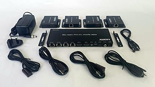 FOURKAY 1x4 1080p 70m HDMI Splitter over Cat5e/6/7 Extender with 4 PoC Receivers, HDMI Loop Out and Infra Red control of TV source from each remote display