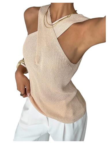 Verdusa Women's Old Money Halter Criss Cross Knit Top Sleeveless Sweater Vest Going Out Tops Apricot Medium