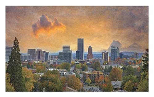 Lunarable Oregon Doormat, City of Portland in Autumn Season Downtown and Business District Urban Photography, Decorative Polyester Floor Mat with Non-Skid Backing, 30" X 18", Orange Blue