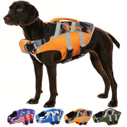Kuoser High Visibility Dog Life Jacket with Reflective Stripes, Adjustable Ripstop Pet Life Preserver Swimsuit for Small, Medium and Large Dogs XL (Chest Girth:25.9-33.4'') 4#OrangeCamo