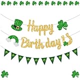 FHGG Gold Glitter St Happy Birthday Banner Decorations Shamrock for St. Patrick’s Day Home Party Lucky One 1st Birthday
