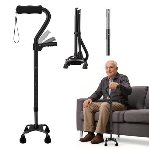 Gehstock Klappbar mit 4-Zinken-Basis & Doppelgriff - Verstellbare...