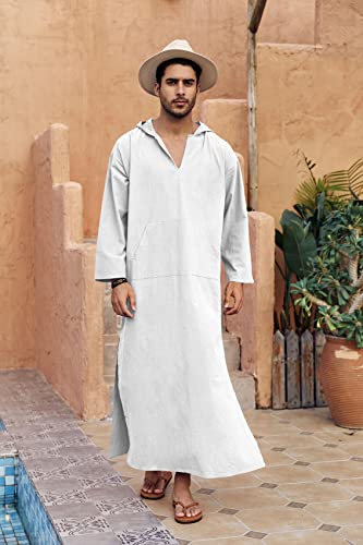 Taoliyuan Mens Kaftan Hooded Robe Linen Loungewear V Neck Long Night Gown Shirt Thobe, A-White, X-Large #TOP2