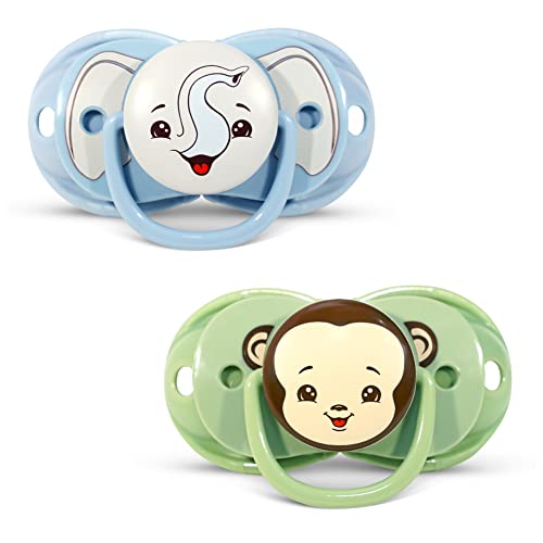 Image of RaZbaby Keep-It-Kleen Baby Pacifier 2-Pack Closes When Dropped - BPA-Free Silicone Orthodontic Nipple, Ideal for Travel, Nipple Stays Clean, 0-36 Months - Monkey/Elephant Design