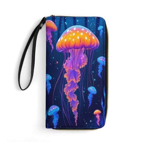 Jellyfish Print Women's Wallet Wristlet Zipper Purse with Hand Strap Travel Credit Card Holder for Daily Use Gifts