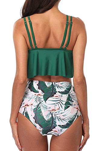 Image of Women High Waisted Bikini Swimsuit Flounce Vintage 2 Piece Bathing Suits | Vintage,tummy control,two piece bathing suits,plus size,swimwear,ruffled,tankini top,bikini bottom