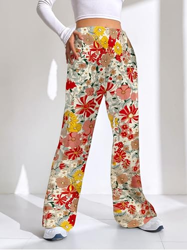 Women Christmas Print Lounge Pants Casual Wide Leg Pajama Bottoms with Pockets Elastic Waist Holiday Relaxed Trousers