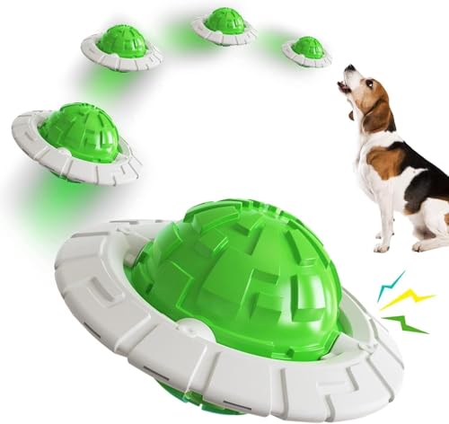 Image of DISSKNIC KIMEE Dog Ball for Aggressive Chewers, Natural Rubber Squeaky Chew Toy, Durable Interactive Fetch Ball, Puppy Teething & Dental Toy, Flying Disc UFO Dog Toy (Green, 1 Pack)