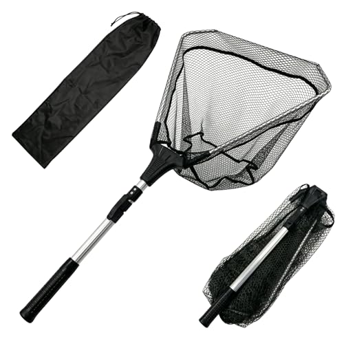 Foldable Fishing Landing Net with Telescopic Handle – PVC Coated Net Mesh, Compact & Lightweight, Fish-Friendly, Includes Black Carry Bag (2.1M)