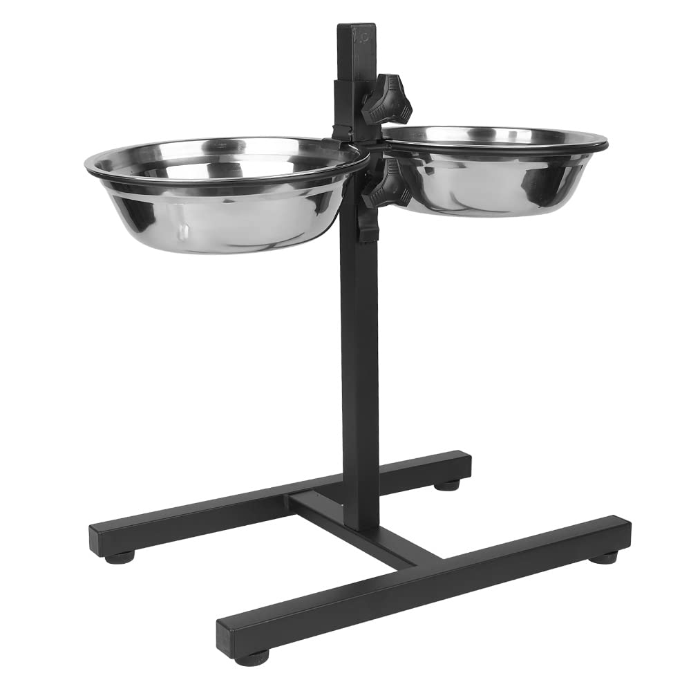 Mangeoire INOX + Support Hauteur Réglable, Mangeoire en Acier Inoxydable, Porte-gamelles avec gamelles réglable - idéal pour Chiens Grands ou Vieux (Noir)