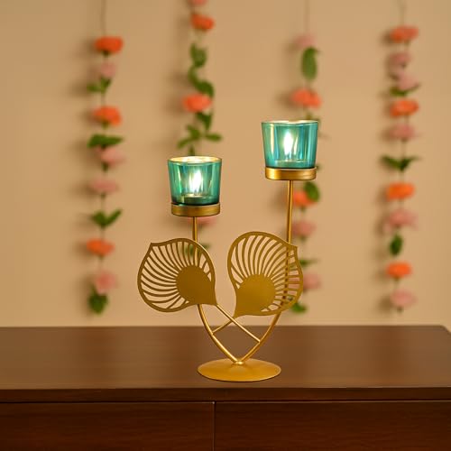 Image of MARKET 99 Metal+Glass 2 Votive T-Light Holder Leaf Shape | Decorative Candle Holder for Diwali, Christmas, Birthday & Wedding | Elegant Home Decor Accent for Festive & Ambient Lighting | Golden & Blue