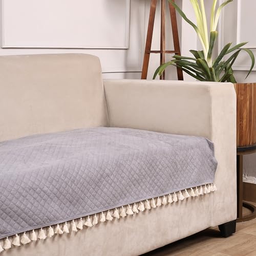 Brick Home 2 Seater Quilted Velvet Sofa Cover Protector with Tassel (Grey)